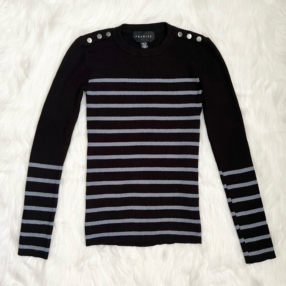 Premise Black & Gray Stripe Sweater with Fake Shoulder Button Details